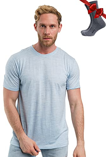 Merino.tech Merino Wool T Shirt Mens - Merino Wool Base Layer Men Undershirt Lightweight + Hiking Socks (Arctic Blue, X-Large)