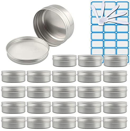 ZEOABSY 100 Pièces 150ml Pots en Aluminium Vide Rond Argent Petit Cosmétiques Pot Conteneurs for Fait Main Bougies Crème Baume Voyage, 10x Spatule, 4X Étiquettes