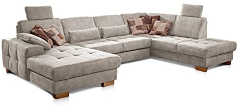 CAVADORE Wohnlandschaft Puccino mit Federkern, Bettfunktion, Bettkasten, Sitztiefenverstellung und 2 Kopfstützen / Sofa in U-Form im Landhausstil / 340 x 86 x 224 cm / Mikrofaser Creme