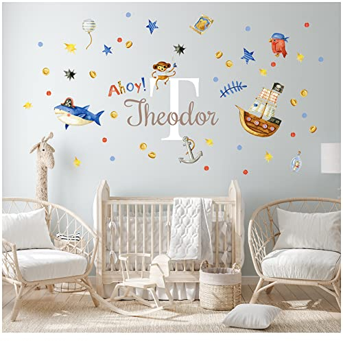 Wandsticker personalisiert Sticker Aquarell Tiere mit Name Wandtattoo für Kinderzimmer Babyzimmer Spielzimmer Mädchen Junge Y037 (Nr. 10 Piraten, Mit Wunschname)