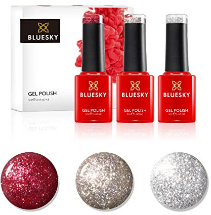 Bluesky Gel Nail Polish, Dazzling Platinum Gel Trio Set 1 - Silver, Red, Gold Glitter, 3 x 5ml (Requires curing under UV or LED Lamp)