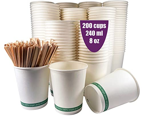 GoBeTree 200 vasos desechables café carton blanco de 240 ml / 8 oz, vasos de papel cartón blanco desechables con paletinas de madera para café. Para bebidas frías y calientes.