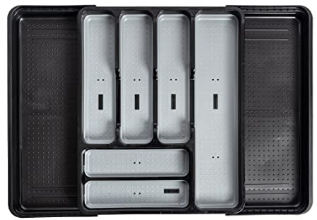 Addis Extendable Premium Soft touch 6 to 8 compartment Cutlery Utensil Drawer Organiser Tray, Black & Grey 6-8 Sections