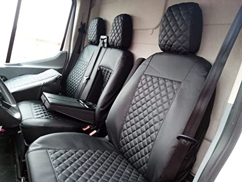 Texmar Vordersitzbezüge 2 + 1, passend für Ford Transit Custom nach 2015, kleine Kabine, schwarzes Ökoleder, Linkslenker