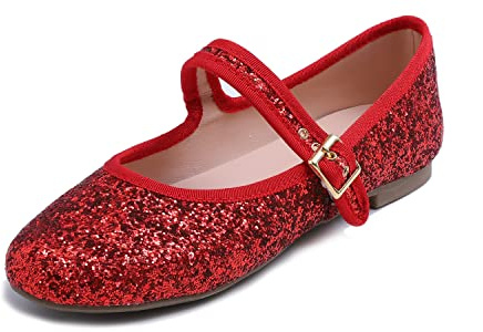 Feversole Women's Soft Breathable Mary Jane Memory Foam Cushioned Comfort Round Toe Metal Buckle Flats Walking Shoes Red Glitter Size UK 6