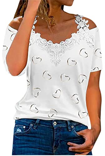 AMhomely Women Blouse Party Elegant Short/Long Sleeve Tops for Work UK Casual Off The Shoulder Lace Regular Fit Tops V-Neck Shirt Tops Business Office Top Ladies Loose Shirt Blouse for Spring/Summer