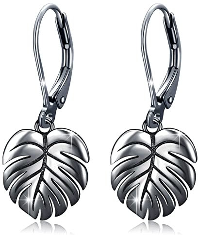 Monstera Ohrringe 925 Sterling Silber Leverback Ohrringe Palmenblätter Tropische Ohrringe Pflanze Baumeln Tropfen Ohrring für Damen Mädchen Modeschmuck (Schwarz)