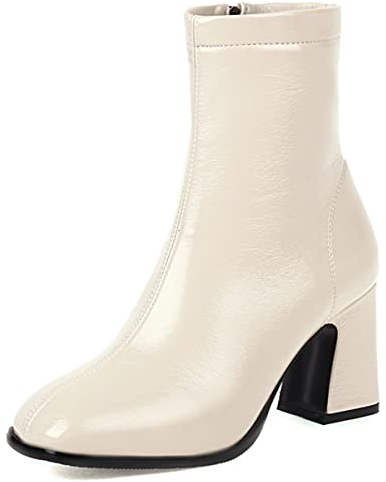 Roimaash Elegant Damen Knöchel Stiefel Schnüren Blockabsatz Dress Stiefeletten Runde Zehen Hochzeit Party Heels Stiefel Baisc Kurze Stiefel Lack Beige Size 45