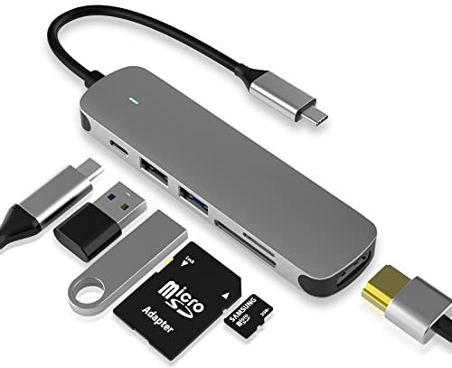 USB C HUB, Dongle USB C Adapter 6 in 1 with USB 3.0 Connection, 4K-HDMI, USB C Connection/PD, SD/TF Card Reader, Docking Station Compatible with MacBook Pro/Air Laptop and Other Type C Devices