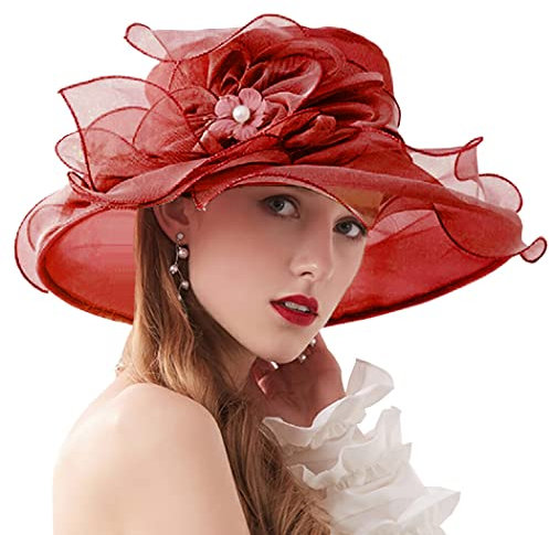 AYGCI Damenhut Organza Hut Hochzeit Anlasshut Brauthut Sonnenhut Blumen eleganter Sommerhut Sonnenschutz Strandhut Strohhüte Weinrot