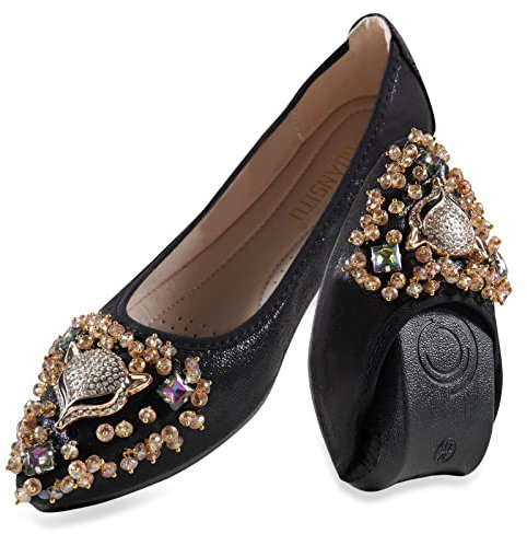 MACHSWON Womens Fold up Pumps Roll up Shoes Foldable Ballet Flats with Sparkly Rhinestone, Portable Ladies Slip On Loafers(Black, Size 9)