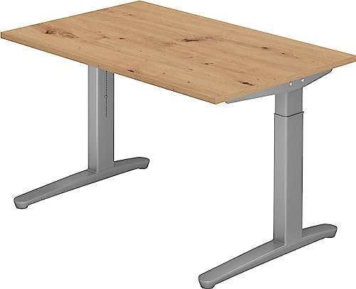 bümö manuell höhenverstellbarer Schreibtisch 120x80 in Asteiche, Gestell in Silber - PC Tisch höhenverstellbar & klein, höhenverstellbarer Tisch Büro, Kleiner Computertisch verstellbar