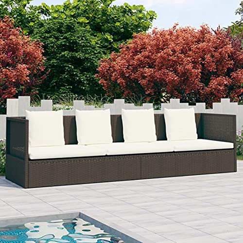 Yolola Verstellbares Schlafsofa Garten-Sofabett Sonnenliege Rattan 3-sitzer-Sofa Gartenmöbel Sofa Liege Couch Loungebett Outdoor Gartenliege Sonnenliege Draußen mit Kissen Braun