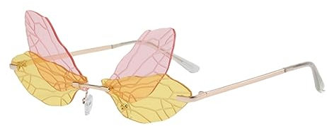 RUNHUIS Randlose Dragonfly Sonnenbrille Vintage Retro Flügel geformt Schmetterling Feenhafte Schatten Brille Fashion Party Brillen für Damen Herren (Gelb-rosa)