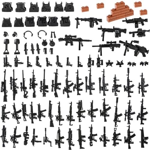 BloxBrix 88 pcs Weapons-Machine-Guns-rifles compatible with Major Brands, minifigures-add-ons-Militarybase-Barracks-toy-Soldiers-Police, WW2-Modern-Swat-Battle-Ammo-Belt-Decations for Army-men