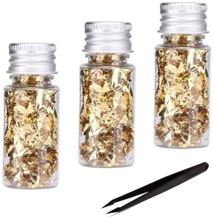 WEDAMOO 3 Essbare Blattgoldblätter, Essbare Tortendeko, mit Pinzette, Blattgold Essbar Goldfolie DIY Handwerk Blattgold Flocken für Lebensmitteldekoration, Malerei, Kunsthandwerk