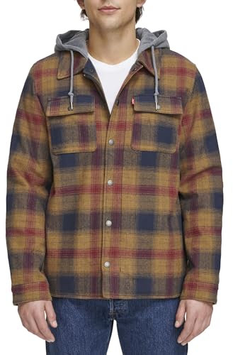 Levi's Men's Cotton Shirt Jacket with Soft Faux Fur Lining and Jersey Hood, Red Gold Ombre Plaid, XXL