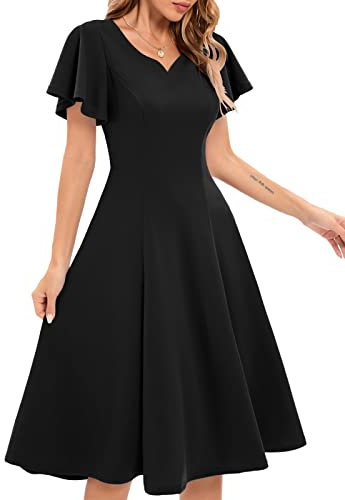 Black Cocktail Dress for Funeral Casual Semi Formal Knee Length Wedding Guest Dress for Women Elegant Graduation Party with Short Sleeves Midi Evening Party Dresses, Black 2XL