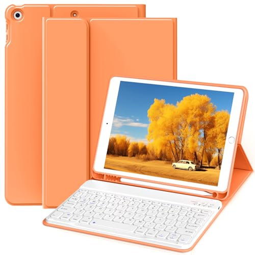 ZOYU Case for iPad 9th/8th/7th Generation 10.2 inch, Stand Folio Detachable Wireless Bluetooth Keyboard Cover Soft TPU Back Case with Pencil Holder for iPad 10.2 2021/2020/2019, Orange