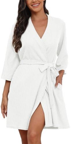 PrinStory Women Short Waffle Dressing Gowns Lightweight Robes Ladies Loungewear Sleepwear (White, L)
