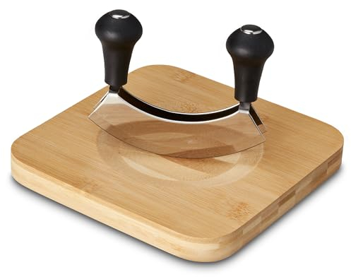 KHG Schneidebrett Holz, Bambus Hackbrett Kräuterbrett 20x20 cm mit Wiegemesser Zweischneidig, Schneidbrett Küchenbrett zum Zerkleinern von Kräutern