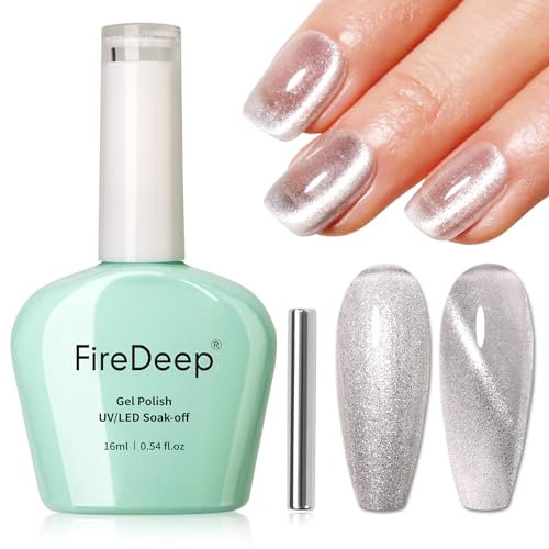 Firedeep Silver Gel Nail Polish 16ml Cat Eye Holographic Glitter Silver UV/LED Soak Off Reflective Gel Polish for Nail Art Manicure with Magnet
