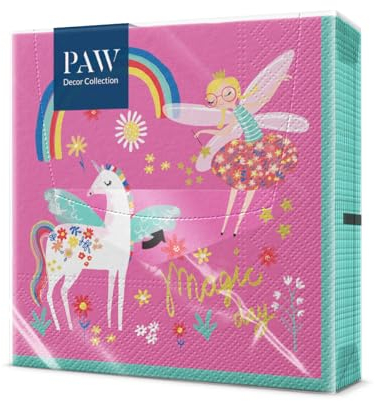PAW - Servietten 3-lagig (33 x 33 cm) I 20 Stück I Perfekt für Partys, Geburtstage, Feiern I Kinderparty Tischdeko - Bunte Papierservietten mit Motiv - Einhorn Fee Regenbogen I Fairy Unicorn