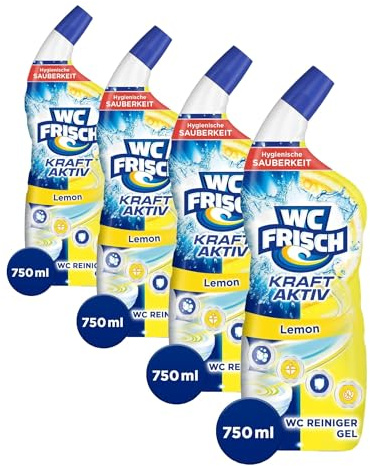 WC-Frisch WC Reiniger Gel Lemon (750 ml), WC Reiniger mit Lufterfrischer-Effekt, Toilettenreiniger sorgt für hygienische Frische, mit 4-fach Aktivstoff-Kombination (Packung mit 4)