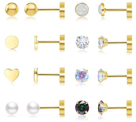 DAILI 8Pairs Flat Back Earrings for Women,Gold Hypoallergenic Titanium Earring Cartilage Earrings Small Screw Back Earring Cubic Zirconia/Ball/Heart/Pearl/Dot/Opal Stud Earrings Sleeper Earrings