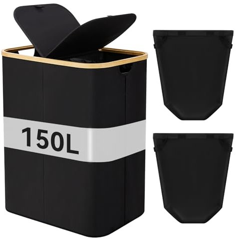 Warmiehomy 150L Laundry Basket with Lid, 2 Compartments Washing Basket for Laundry Foldable Laundry Hamper Large Laundry Bin Double Laundry Basket with Removeable Inner Bags for Bathroom,Bedroom,Black