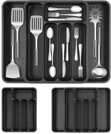 AiQInu Range Couverts pour Tiroir Cuisine, Rangement Extensible et Ajustable, pour Cuillères, Fourchettes, Couteaux, Noir, 50x36x5.3cm