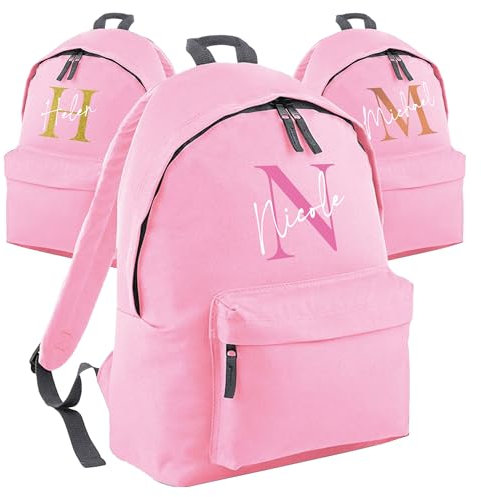 Print Maniacs Personalised School Backpack Large 18L Kids Travel Rucksack Junior Shoulder Collage Rucksack Back To School Lunch Swimming P.E Laptop Book Bag Initial Name (Classic Pink, 18 Litre)