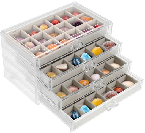 Gatphy Rock-Vitrine, 4 Schubladen, Rock-Sammelbox, 72 Fächer, Schaukasten aus Acryl, Schmuckkästchen, klare Edelstein-Kristalle, Aufbewahrungsboxen (Beige)