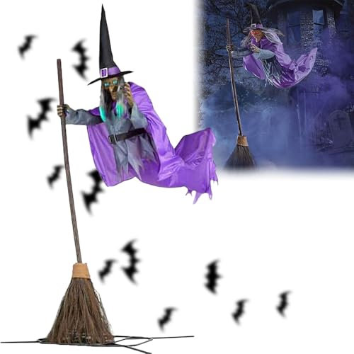 Halloween Decorations Outdoor, 6 Ft Flying Witch Halloween Animatronics, Animated Hovering Witch On Broom With Scary Sounds And Lights, Scary Props House Decor For Garden Yard