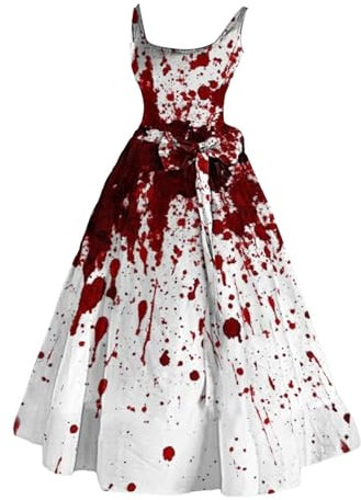 Halloween Kleidung Damen mit Blutigem Aufdruck, Cocktailkleid Damen Elegant, Lässig Partykleid Damen Rundhals Sexy ärmellos Halloween Kostüm Mittelalter Kleidung Rockabilly Tunikakleider Hexe