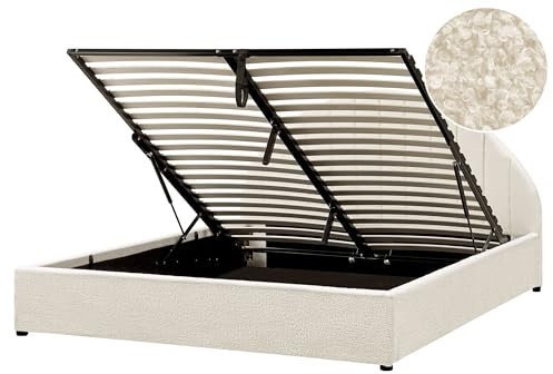 Beliani with Storage Upholstered Sturdy Frame Ottoman Bed 160x200 Cm Eu King Size Boucle with Wood Legs White Chadenet