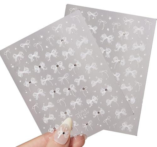 Schleife Nagelsticker, 6 Blätter Weiß Strasssteine Bögen Nail Sticker, Nageldesign Glitzer Selbstklebend Nagelaufkleber 3D Steine Perlen Nageldesign Nail Art Aufkleber für Nägel Dekorations Zubehör