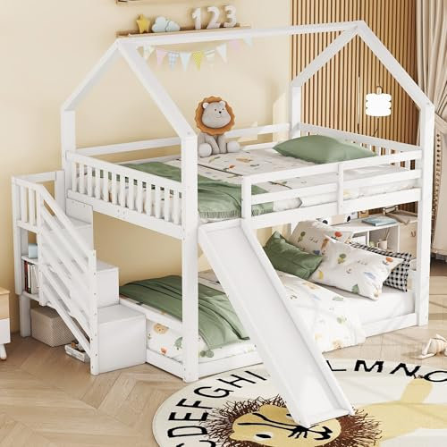 Etagenbett mit Stauraum, Treppe und Rutsche, Hausbett für Kinder und Jugendliche, Grau