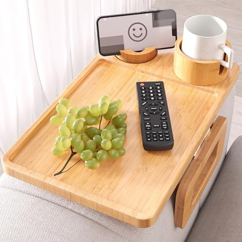 Fibogollo 3 in 1 Sofa Tray,Bamboo Folding Couch Arm Tray with Cup holder and Phone Holder,Sofa Armrest Trays Clip-On Sofas Desk for Drinks,Snacks,Phone,Remote Control(Natural)