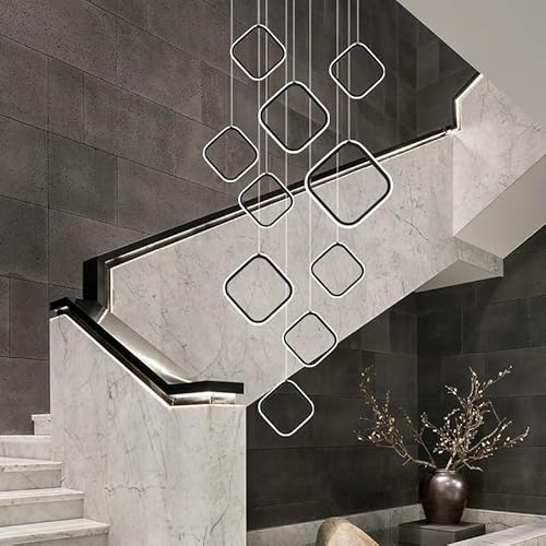 Stesulfr Moderner LED Kronleuchter großer Kronleuchter das Foyer 15 Ringe Aluminiumring dimmbare Pendelleuchte für hohe Decken mit Fernbedienung, höhenverstellbare Deckenleuchte für Treppenhaus und Wo