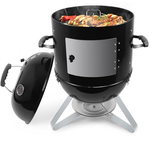 kisidus Barbacoa de carbón vegetal con tapa, barril de ahumado, parrilla esférica con salida de aire regulable y termómetro, ahumador de agua, parrilla para ahumar, barbacoa de camping con bandeja