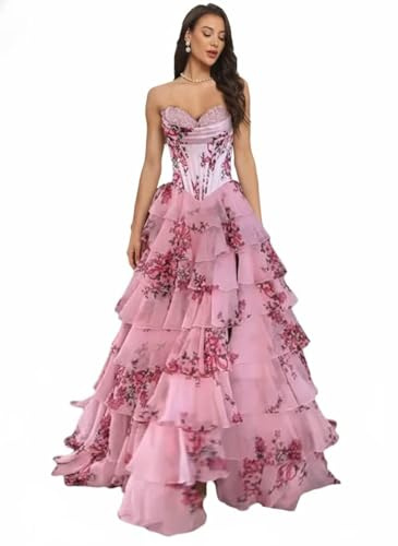 BITYIO Chiffon Floral Prom Dress Petite A-Line Sweetheart Ball Gowns Strapless Tiered Ruffle Pageant Party Dress Pink
