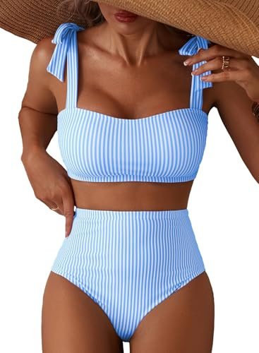 Herseas Women's Blue Striped Bikini Sets Shoulder Strap Knot Swimsuits L