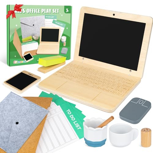 Office-Set aus Holz für Kinder, Kinder Holz-Laptop & Handy für Rollenspiele | Laptop & Handy, Maus, Tasse, Siegel für Kindergartenkinder, Office Spielzeug Kinder, Geschenke Kinder