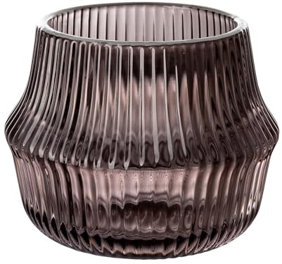 Fink Teelichthalter Glas Ø 9 cm braun-grau mit geriffeltem Design - dekorativer Kerzenhalter in bauchiger Form für Teelichter oder kleine Kerzen & als stilvolle Tisch- und Raumdekoration