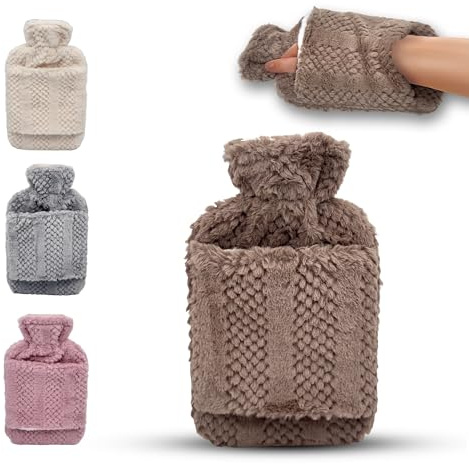 Hot Water Bottle with Hand Inserts & Luxury Cosy Faux Fur Cover, 2L Leakproof Large Hot Water Bag for Neck & Shoulder Pain Relief, Hand & Feet Warmer, Gift for Women,Men (Brown – Mocha)