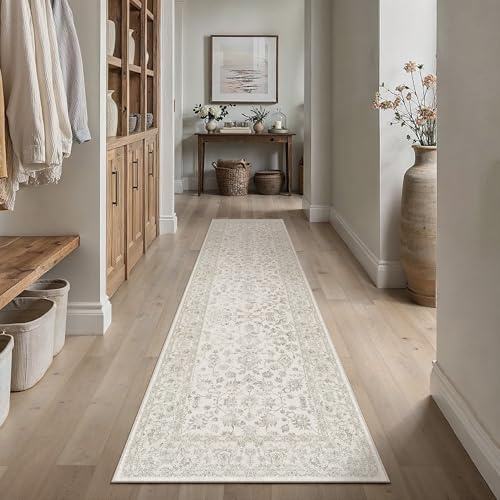 PureCozy Teppich Läufer Flur Creme 60x240cm Vintage Waschbarer Teppich | Weicher Kurzflor, Rutschfest, Pflegeleicht, Küche, Bettvorleger,Eingang ,Esszimmer,Schlafzimmer,Hallway
