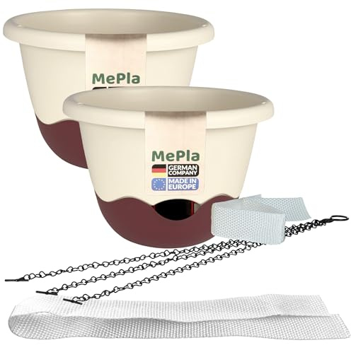 MePla - Set - 2 Stück Ampel Mareta ø25 Elfenbein/Weinrot + 1 x Ersatzbewässerungsband 62 cm – Selbstbewässernde Blumenampel mit Wasserspeicher – UV-beständig, wetterfest – für Balkon & Innenbereich