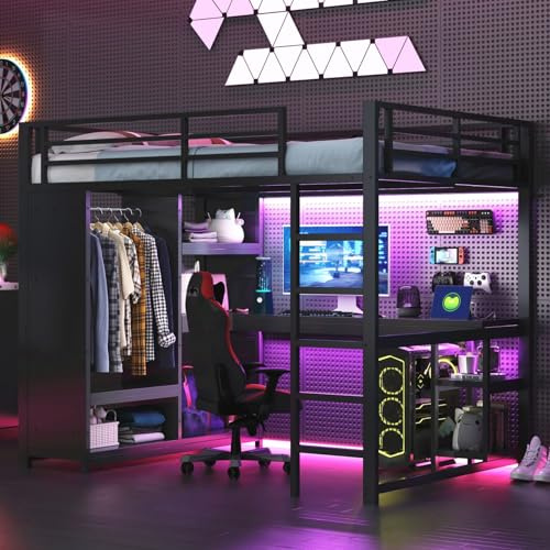 PUGSDRLY Lit Mezzanine Gaming 140x200cm en métal avec Bureau intégré, Lit Surélevé avec penderie Ouverte et guardrail, Cadre de lit avec étagères et éclairage LED