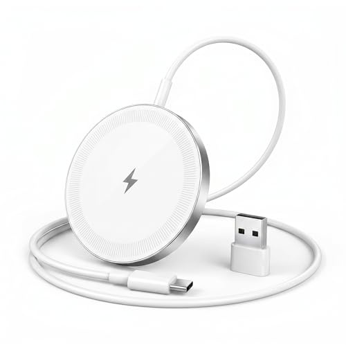 TAKUZA Mag-Safe Ladegerät 15W Schnell Induktive Ladestation für iPhone 17/16/15/14/13/12 Serie, Wireless Charger mit 1M Kabel & Typ-C, Magnetisches Kabelloses Ladegerät mit Ladeschutz